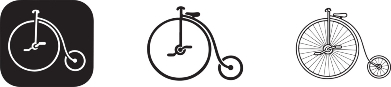 Vintage penny farthing bicycle icon set featuring antique transport and classic cycling symbols.
