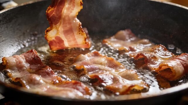 Sizzling bacon curling, browning in skillet over stove heat, bubbling oil lifting strip to crisp