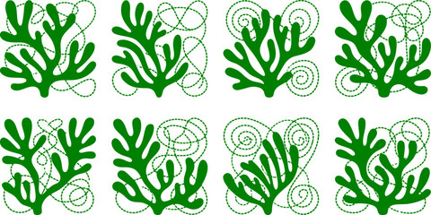 Green Seaweed Coral Branch Silhouette Vector Illustration Set for Marine Biology Education, Ocean Conservation & Coastal Branding (EPS) © Muhammad