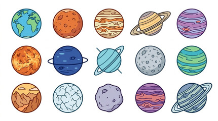 Colorful hand drawn planets and celestial bodies illustration. © amel