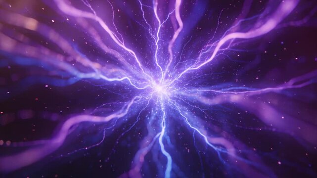 Brightening central luminous core sparking blue tendrils and sparks in space, driving outward flow