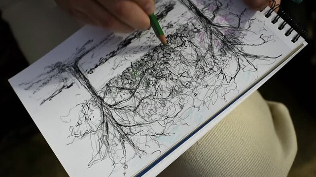 An artist draws a detailed sketch of tree branches in a spiral notebook. The person holds a green pencil to add shading and texture to the landscape illustration.