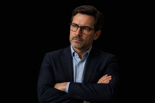 A middle-aged man wearing glasses and a suit is posing with his arms crossed against a black background.