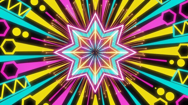 Brightening core causing central layered neon star pulsing on black field, with radial bars, sparks
