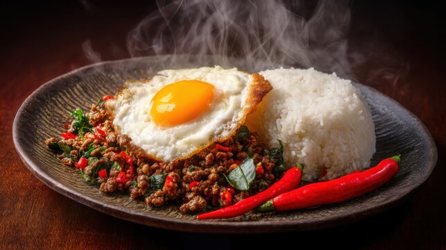 authentic Thai pad kra pao with spicy minced , holy basil, fried egg with crispy edges, jasmine rice, red chili peppers, visible steam, luxury Thai