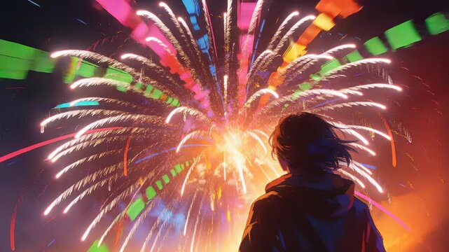 Standing hooded person observing multicolored fireworks at night, shells exploding, smoke rising