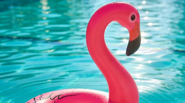 Bobbing inflatable pink flamingo float riding gentle ripples in sunlit water, showing wing pattern