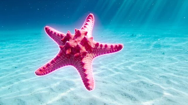 Rotating bright pink five-arm sea star bobbing as current nudging over rippled sand with sunbeams