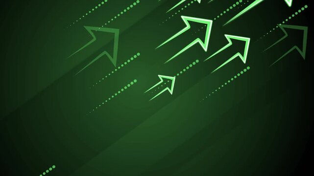 Abstract dark background with glowing upward arrows and diagonal dotted lines, suggesting growth progress and rising success animation