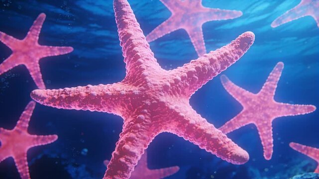 Gentle current nudging pink starfish rotating toward viewer in shallow sea, with rim lighting