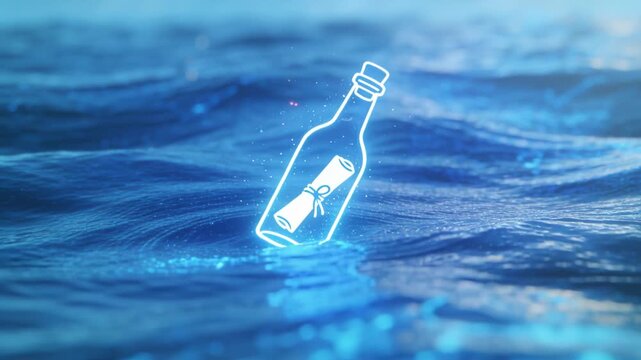 Riding glowing glass bottle bobbing on sea by swell, showing ribboned scroll and sparkles