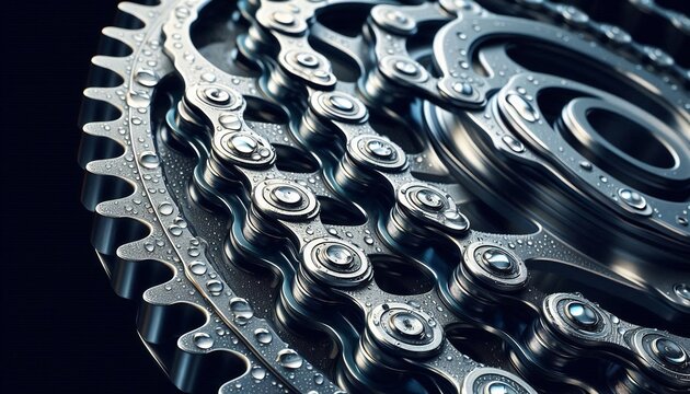 Macro view of metallic bicycle drivetrain components with water droplets