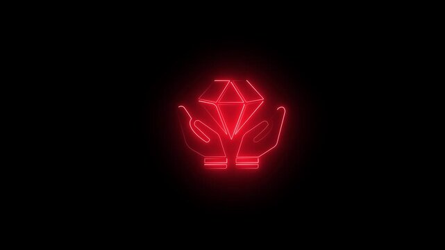 Glowing blue neon hands holding diamond icon, symbolizing value protection innovation, technology and excellence on a black background HD video Animation.