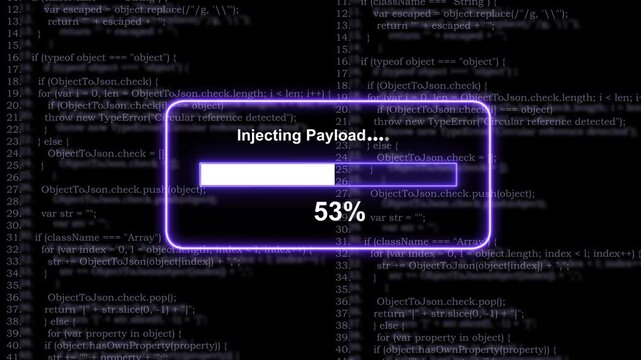 Cybersecurity threat simulation featuring a glowing neon progress bar displaying injecting payload text over a complex background, of scrolling javascript, source code for, advanced digital hacking