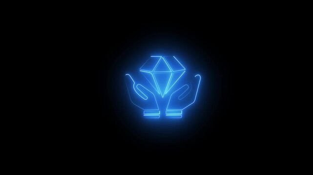 Glowing blue neon hands holding diamond icon, symbolizing value protection innovation, technology and excellence on a black background HD video Animation.