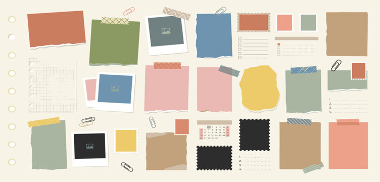 Crumpled notebook sheets with ragged edges, realistic torn pieces of lined paper. Blank memo sheet shreds, ragged note scraps, wrinkled paper strips, collage or scrapbooking vector elements set