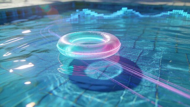 Floating neon ring bobbing and rotating on tiled pool floor after ripple, casting cyan-pink streaks