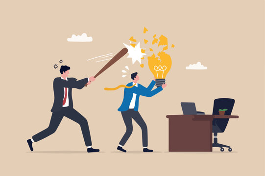 Jealousy colleague, toxic boss kill all ideas never been implemented, envy or dishonesty coworker with unprofessional, businessman got new idea lightbulb being hit and destroy by colleague behind