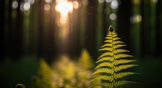 Close-up of fern leaves in a lush forest. Nature scene with vibrant greenery and sunlight filtering through trees