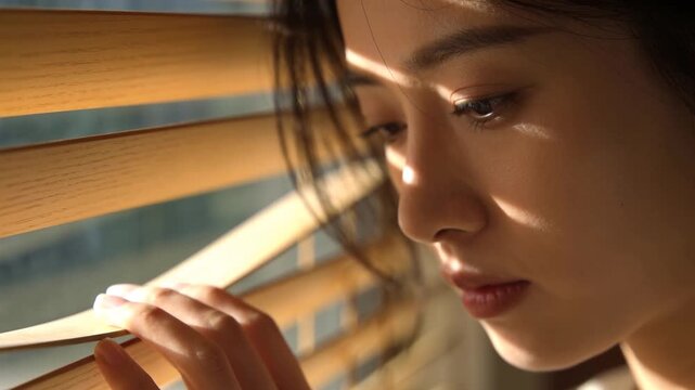 Reaching right hand, Asian woman parting blind slat at window, peering, sunlight casting stripes