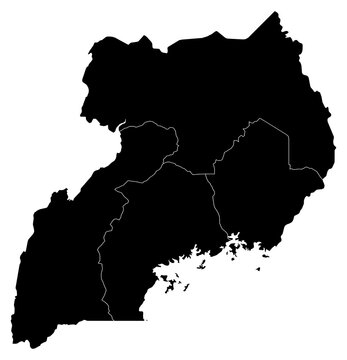 A contour map of Uganda with region borders. Ugandan administrative silhouette