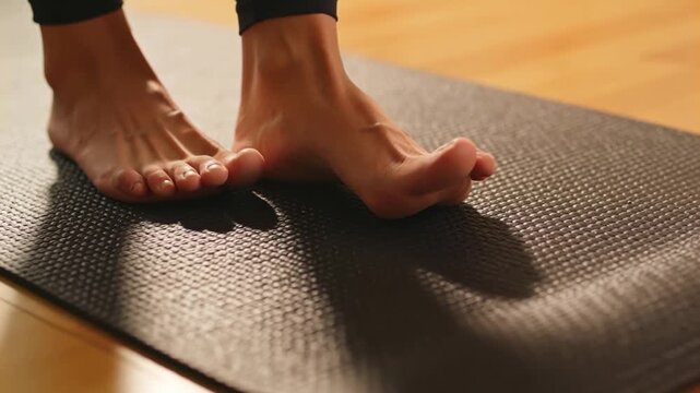 Beginning warmup, bare feet in fitted leggings shifting on textured mat at home, gripping toes