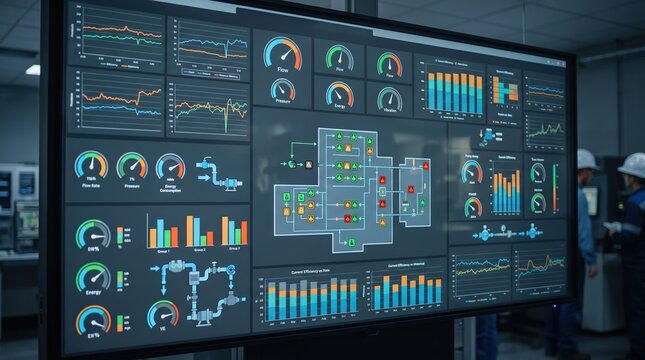 Medium shot of IoT pump health monitoring dashboard displaying realtime fleet status and efficiency KPIs for plantwide performance analysis.