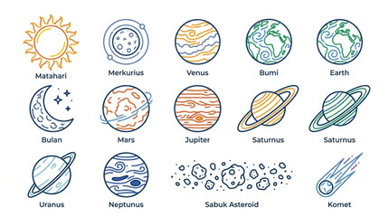 Colorful hand drawn solar system planets and celestial objects. © jamil