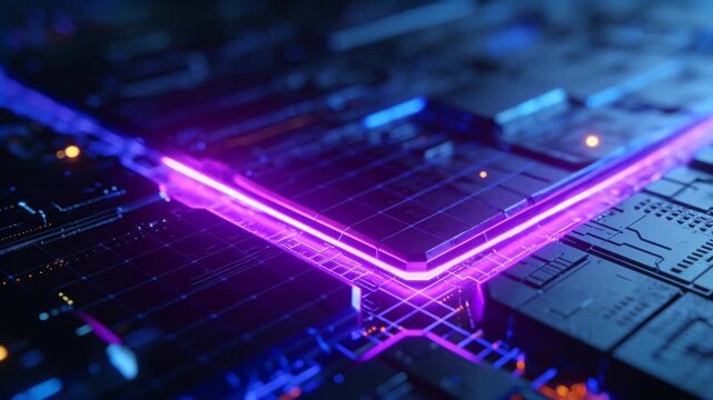 Pulsing neon V trace sending waveform across PCB after data surge, holographic bars rising
