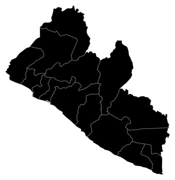 A contour map of Liberia with county borders. Liberian administrative silhouette
