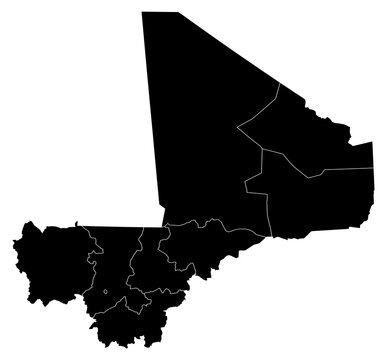 A contour map of Mali with administrative borders. Malian administrative silhouette