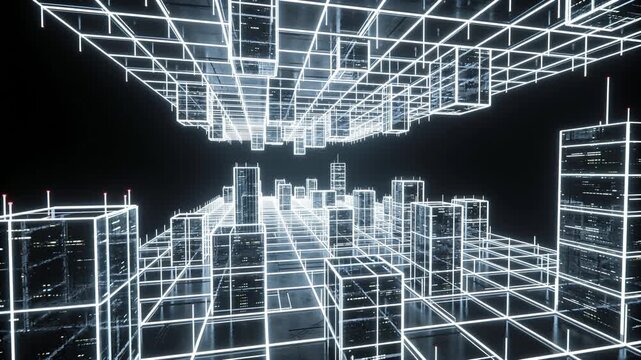 Starting slight camera moving, shifting wireframe city along grid in dark void, inverted skyline