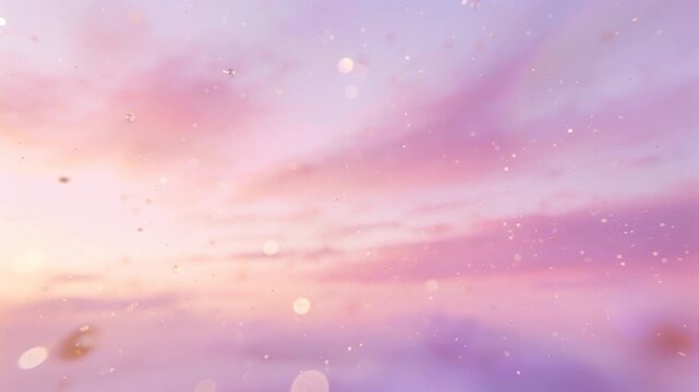 Drifting golden droplets and bokeh orbs responding to camera push, shifting focus over pastel sky