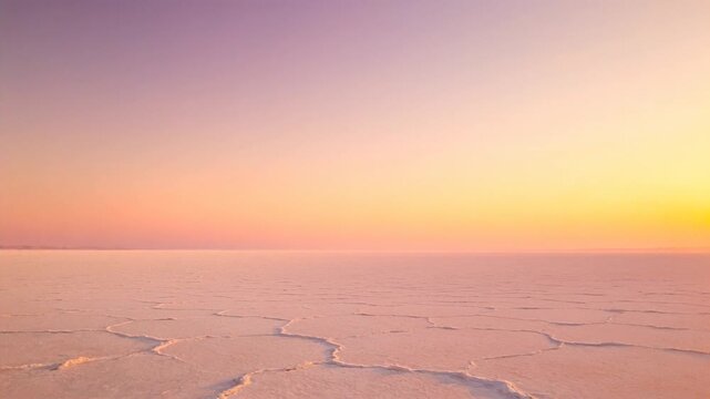 Sun rising painting pastel sky and warming salt-crusted ground on salt flat with polygonal cracks