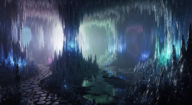 Mystical forest scene with glowing lights and vibrant colors. Enchanting natural landscape with magical atmosphere.