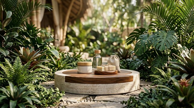 Natural skincare products arranged in lush greenery with soft sunlight