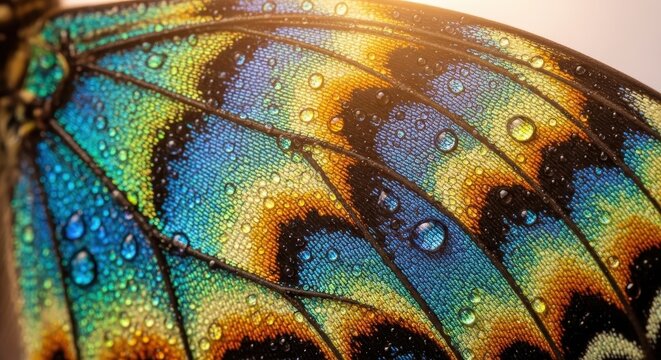 Close-up of a vibrant butterfly wing showcasing intricate patterns and vivid colors. Macro shot highlighting detailed textures and natural beauty.