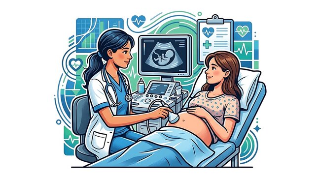 Female doctor performing prenatal ultrasound on a pregnant patient