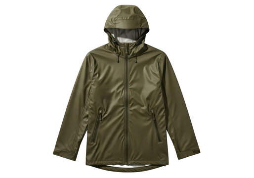 Green rain jacket hanging on hanger isolated on transparent background