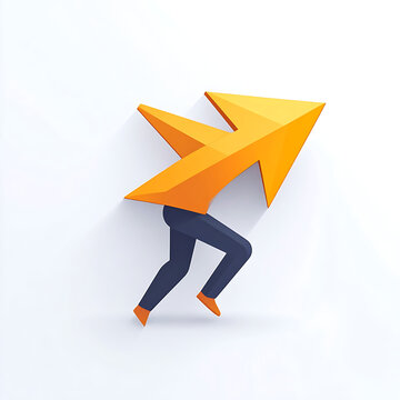 Orange arrow head with human legs running forward, symbolizing progress and speed, concept for growth