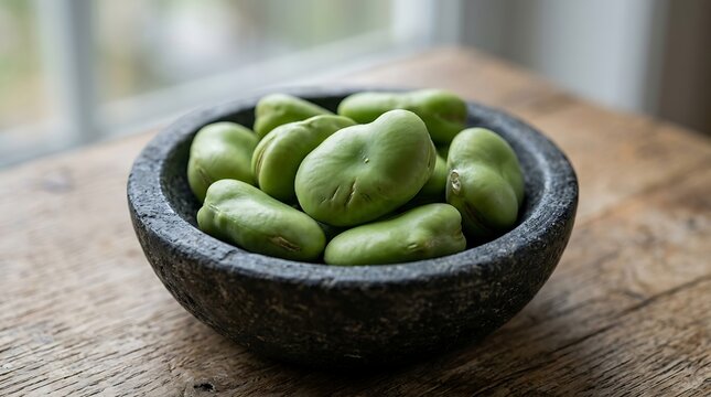 Fresh fava beans arranged in a rustic stone bowl on a weathered wooden tabletop surface