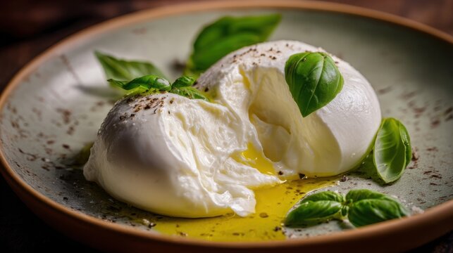 Creamy Italian burrata sliced open with silky stracciatella flowing naturally onto a handmade ceramic plate, extra virgin olive oil droplets, basil