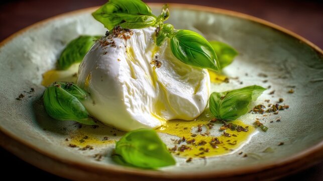 Creamy Italian burrata sliced open with silky stracciatella flowing naturally onto a handmade ceramic plate, extra virgin olive oil droplets, basil