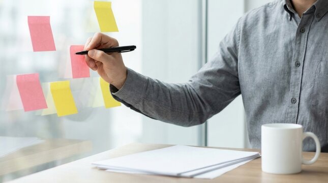 Close-up of a Businessman in a Gray Shirt Writing on Colorful Sticky Notes on a Glass Wall during a Creative Brainstorming Session in a Bright Modern Office Space