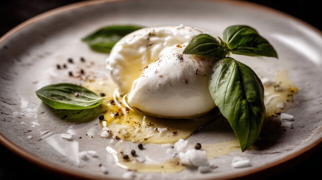 Creamy Italian burrata sliced open with silky stracciatella flowing naturally onto a handmade ceramic plate, extra virgin olive oil droplets, basil