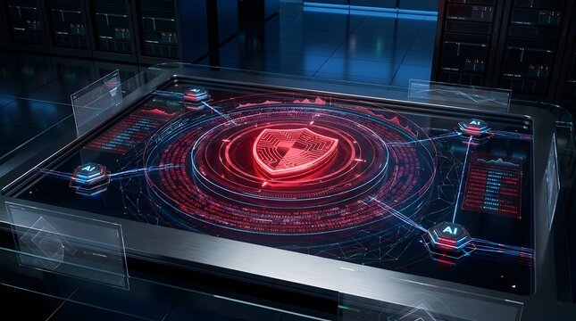 Red digital shield interface on server room table. Concept of cyber security network, data protection protocol, and threat detection.