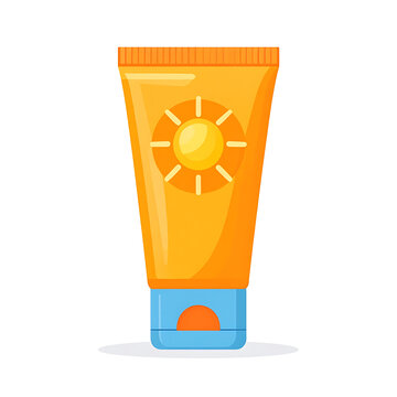 Orange sunscreen tube with sun logo, flat icon for summer protection, skincare, and vacation concept