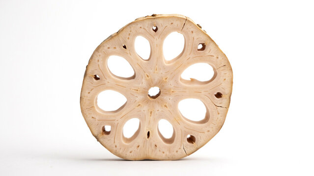 Cross-section of a lotus root revealing its unique hollow circular chambers and fibrous texture