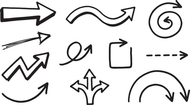 Black and white line of arrows, clouds, and symbols zigzag lightning