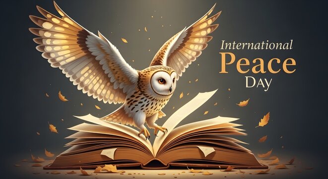 International peace day concept owl rising from open book with falling leaves